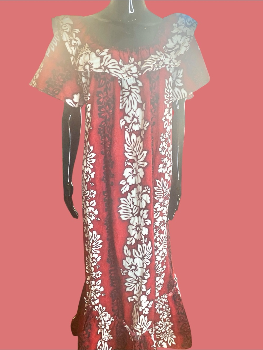 Vintage Hawaiian Red Floral Off-Shoulder Maxi Dress